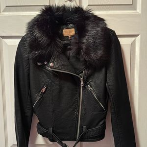 Black faux, leather Moto jacket with faux fur collar